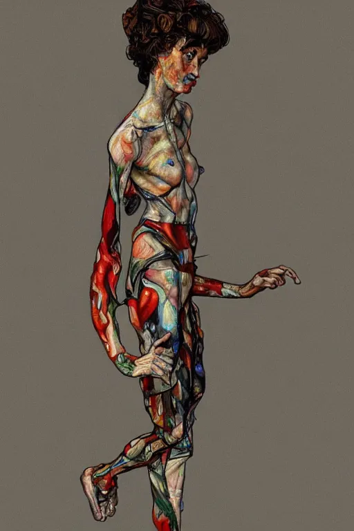 Image similar to a full body character with lifted arms in style of egon schiele, masterpiece, hyperdetailed, complex, intricate, veiled, 4 k, dynamic!! trending on artstation,