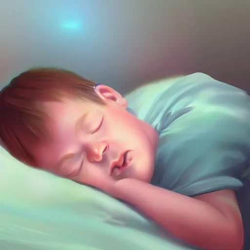 Image similar to A child asleep in bed, their dream overinflated over their head like a hologram, beautiful digital painting