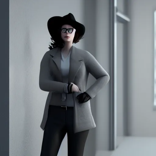 Prompt: noir female detective in a gray coat, hat and black glasses leans against the wall and lights up, render, unreal engine 5