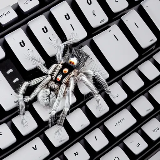 Prompt: a human sized jumping spider pressing keyboard keys, by pixar, iridescent