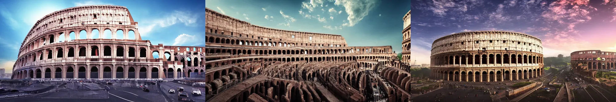 Prompt: view of immense Colosseum surrounded by huge skyscrapers in modern Rome, outrun, futuristic, cinematic feel, high octane, 4K, Unreal Engine, dramatic lighting, photorealistic