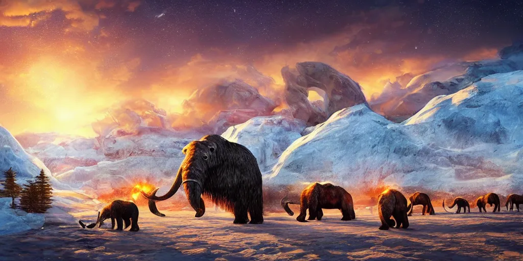 Image similar to digital art, trending on artstation, sunset at the north pole with some mammoths in the background walking while a giant meteorite falls from the sky in the background