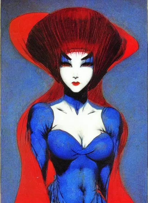 Image similar to portrait of mighty korean vampiress, jeweled veil, blue and red, strong line, saturated color, beautiful! coherent! by frank frazetta, high contrast, minimalism