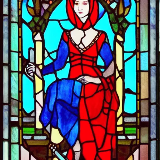 Prompt: a beautiful warrior woman, red hair, blue dress, detailed, nasirolmolk mosque stained glass in background, baroque style _ h 7 0 4