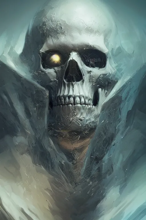 Image similar to concept art skull lord, brushstroke, close - up portrait, powerfull, intricate, elegant, volumetric lighting, scenery, digital painting, highly detailed, artstation, sharp focus, illustration, concept art, ruan jia, steve mccurry