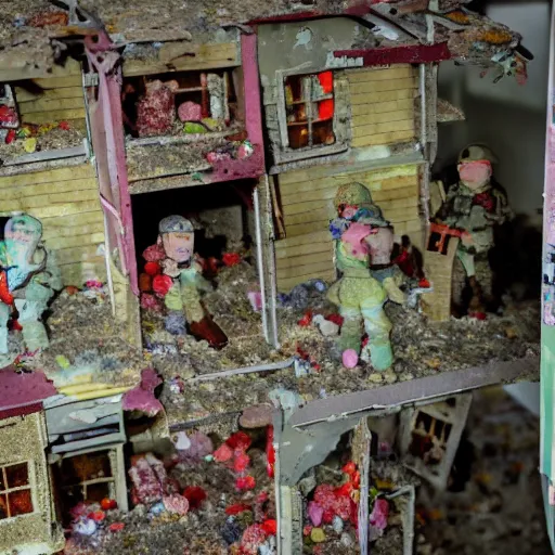 Image similar to sour patch kids at war inside abandoned dollhouse