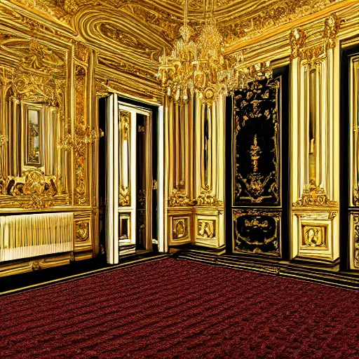 Image similar to parisian interior, dark walls, gold accents, interior design, thick carpet, hyperrealistic, hyperdetailed, super detailed, uhd, uhd, 8 k, high resolution,