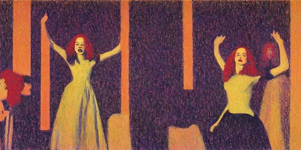 Image similar to a film still of suspiria by dario argento 1 9 7 7 movie, painted by georges seurat, by manet, impressionism, pointillism, high quality, detailed, print!, poster,