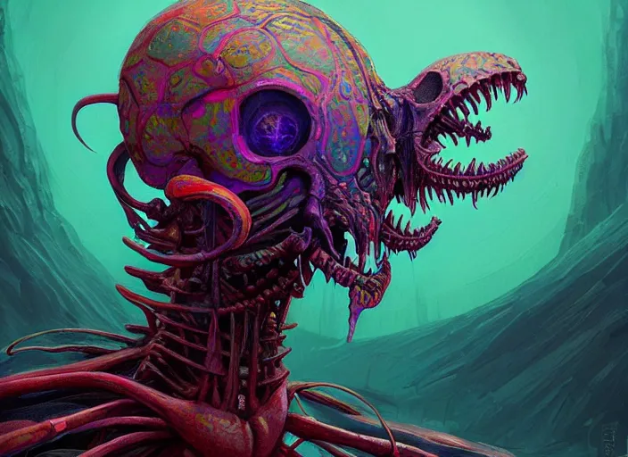 Prompt: a psychedelic portrait of omin dran skeletal phyrexian mind flayer psion, vibrant color scheme, highly detailed, in the style of romanticism, cinematic, artstation, moebius, greg rutkowski, h. r giger