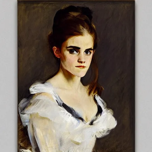 Prompt: portrait of emma watson, by manet, john singer sargent, carolus - duran, elegant, bold brushwork