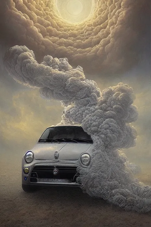 Prompt: Intricate stunning highly detailed Fiat 600R built in Spain, White color, digital painting by agostino arrivabene and Vladimir Kush, surreal, ultra realistic, Horror vacui, dramatic lighting, full moon, thick black swirling smoke tornado, burning fire embers, artstation