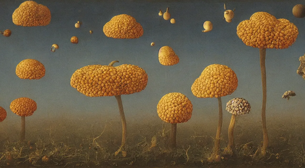 Prompt: a single fungus floating in clear! empty! sky, a high contrast!! ultradetailed photorealistic painting by jan van eyck, audubon, rene magritte, agnes pelton, max ernst, walton ford, andreas achenbach, ernst haeckel, hard lighting, masterpiece