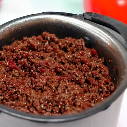 Prompt: a pot full of mince being mixed up, pov, 4 k