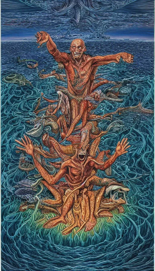 Image similar to man on boat crossing a body of water in hell with creatures in the water, sea of souls, by alex grey,