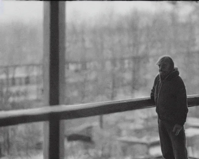 Image similar to award - winning lomographic tarkovsky film still of 4 0 years russian man with beard and sweater standing on small hrushevka 9 th floor balcony in taiga looking at sunset, cinestill, bokeh