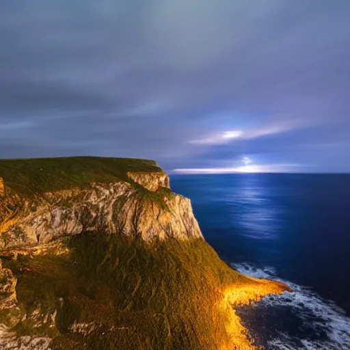 Image similar to micro - hurricane, blue hour, early night, deep blue atmosphere, very late evening, sundown, scattered islands, sea, ocean, low pressure system, cloud with eye, very windy, late evening, distant hotel retreat on cliffside, shining lights on cliff side, polaroid photograph