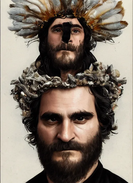 Prompt: a hyper detailed portrait of joaquin phoenix with a crown made of animals, cow horns, sheep wool, chicken feather armor, majestic, angelic, by anna podedworna, by miklos ligeti, by diego maricato, by taran fiddler, by antonino truisi, by chris reddie, by jinsung lim, trending on artstation