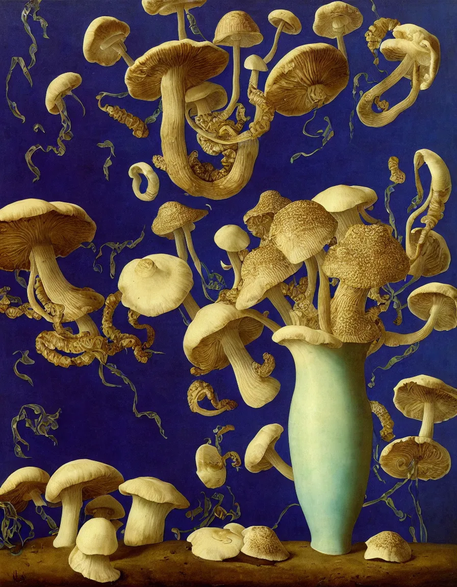 Prompt: vase of mushroom in a blue sky and under the sea decorated with a dense field of stylized scrolls that have opaque purple outlines, with jellyfishes, ambrosius benson, oil on canvas, hyperrealism, light color, no hard shadow, around the edges there are no objects