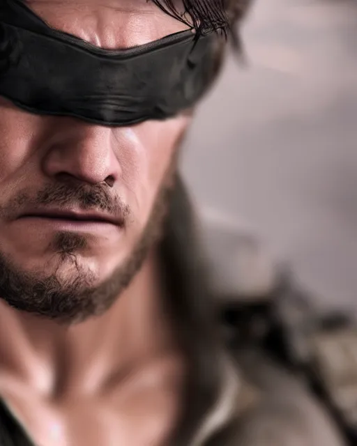 Image similar to solid snake portrait, cinematic lighting, anguished crying screaming black atmospheric background, 4 k photography hdr