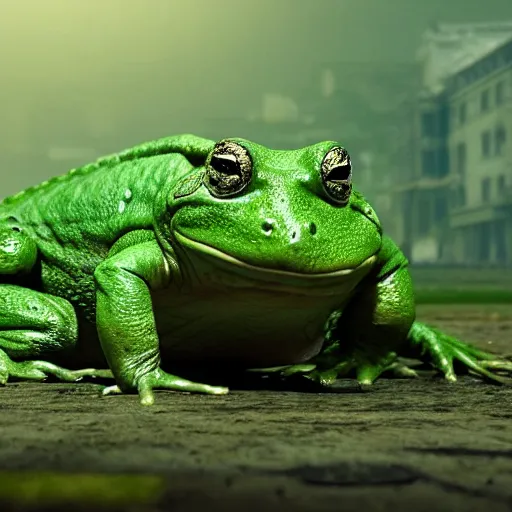 Prompt: Alex Jones bent over on all fours in the foreground. A big green toad stands behind him with an intense look on its face. hyper realistic, dynamic pose, high detail, octane render, unreal engine, 8k, fantasy art, highly detailed, dramatic lighting, concept art