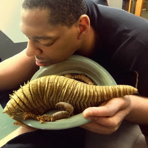 Prompt: john coltrane snuggling a giant mealworm
