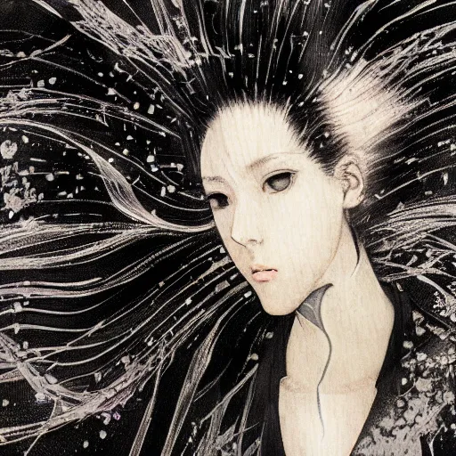Image similar to yoshitaka amano blurry realistic illustration of an anime girl with black eyes, wavy white hair and cracks on her face wearing dress suit with tie fluttering in the wind, abstract black and white patterns on the background, cross earring, noisy film grain effect, highly detailed, renaissance oil painting, weird portrait angle