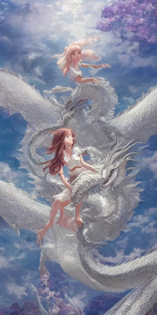 Image similar to the beautiful hyper detailed scene render that a beautiful princess sitting on the back of a huge silver white dragon alone in the fairyland surrounded by white clouds, finely detailed angelic face delicate features, style of studio ghibli, makoto shinkai, raphael lacoste, louis comfort tiffany, artgerm, james jean, ross tran, animation style, hd, ultra wide angle
