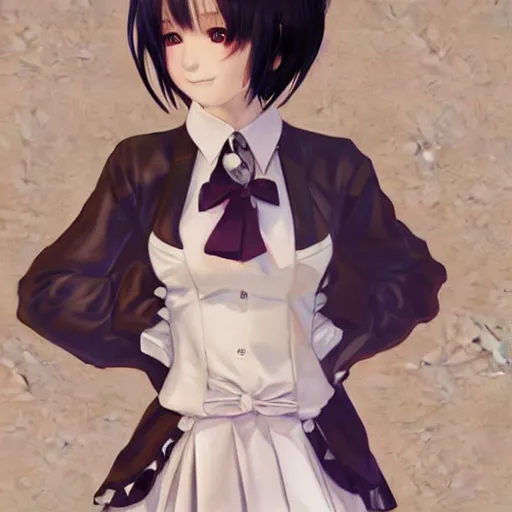 Image similar to luxury advertisement, astonishing portrait of a very beautiful anime schoolgirl with black bob hair, full perfect face, she is dancing. Realistic, highly detailed background, artstation, 120 degree view, drawn by Sasoura, Satchely and Akihiko Yoshida, no distortion