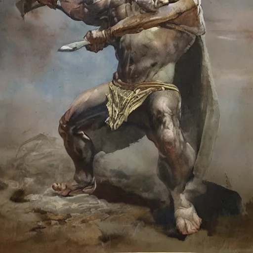 Image similar to by Frank Frazetta style, barbarian with extraordinary muscle structure with long sword, wide view, deep depth of field, denoise