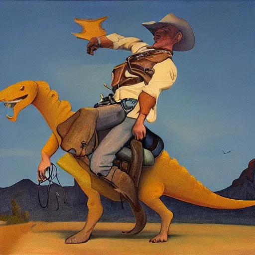 Image similar to a painting of a cowboy riding a dinosaur in the style of n. c. wyeth.