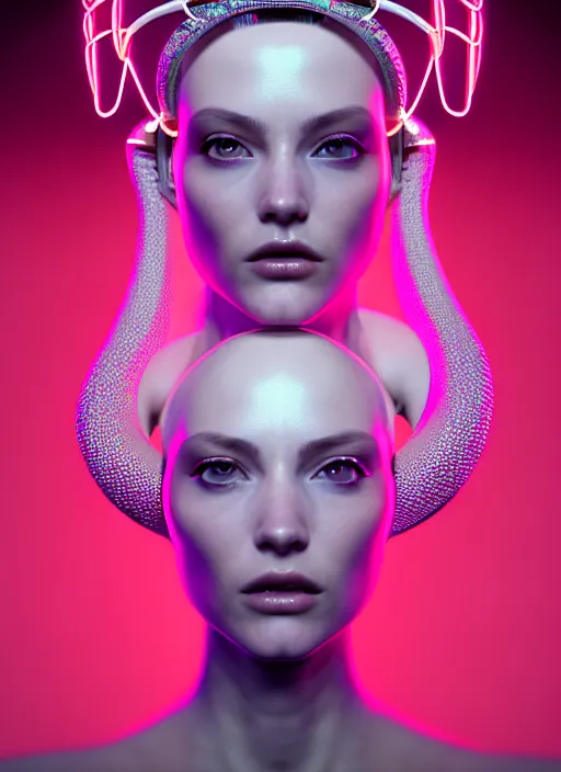 Prompt: portrait of an absurdly beautiful, graceful, sophisticated, fashionable futuristic woman, hyperdetailed illustration by irakli nadar and alexandre ferra, intricate linework, white porcelain skin, faberge, neon headdress, dark atmosphere, unreal engine 5 highly rendered, global illumination, radiant light, detailed and intricate environment