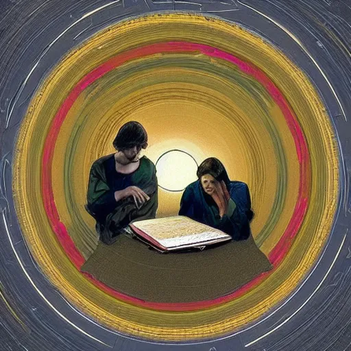 Prompt: A beautiful computer art of a group of people standing around a circular table. In the center of the table is a large, open book. The people in the computer art are looking at the book with interest and appear to be discussing its contents. warm light by Susan Seddon Boulet, by Yoji Shinkawa