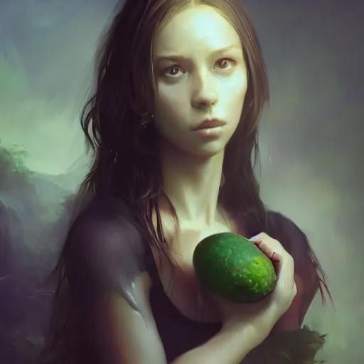 Image similar to lauren walsh lovingly cradling an avacado, fullbody, ultra high detailed, oil painting, greg rutkowski, charlie bowater, yuumei, yanjun cheng, lauren walsh, unreal 5, daz, hyperrealistic, octane render, rpg portrait, dynamic lighting, fantasy art, beautiful face