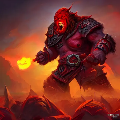 Image similar to red orc warrior, red theme lighting, battlefield background, in hearthstone art style, epic fantasy style art, fantasy epic digital art, epic fantasy card game art