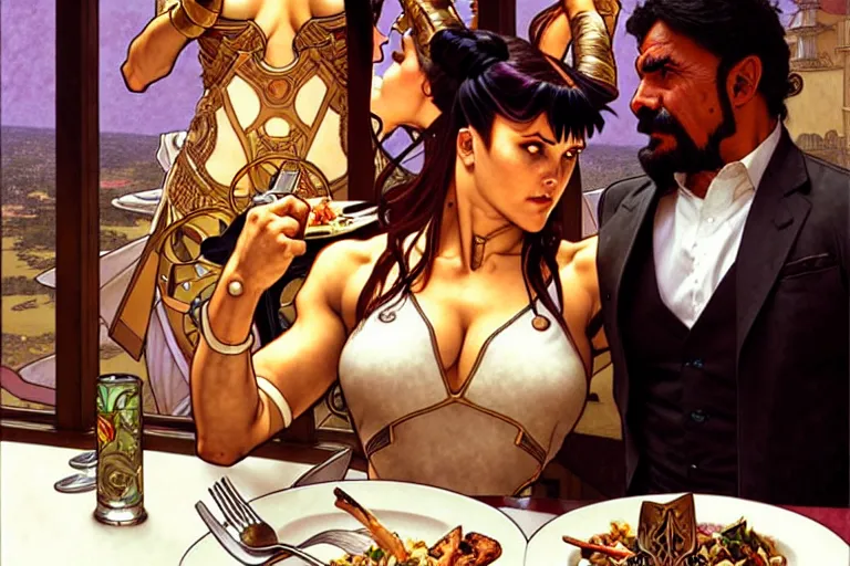 Image similar to xena warrior princess eating at a restaurant, with a hispanic man in a suit as her companion, art by artgerm and greg rutkowski and alphonse mucha