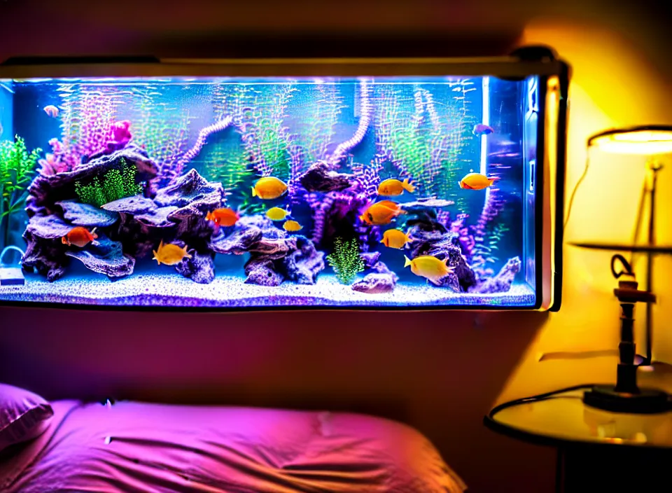 Image similar to telephoto 7 0 mm f / 2. 8 iso 2 0 0 photograph depicting the feeling of chrysalism in a cosy cluttered french sci - fi ( art nouveau ) cyberpunk apartment in a pastel dreamstate art cinema style. ( aquarium, computer screens, window ( city ), leds, lamp, ( ( ( aquarium bed ) ) ) ), ambient light.