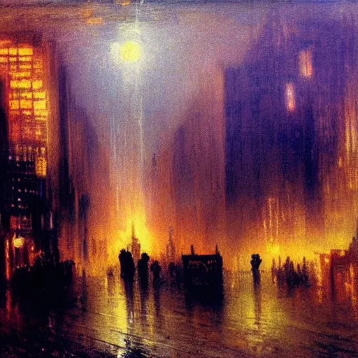 Image similar to cyberpunk city at night with silhouette figure in foreground. Turner painting 1910