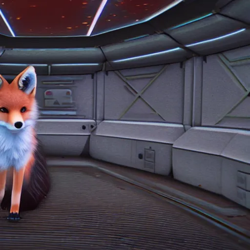 Prompt: a vintage photography of a kitsune fox inside a spaceship, realistic unreal engine 5