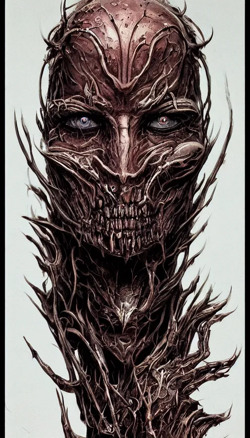 Image similar to Elden Ring and Doom themed painting of satanic demon hybrid cyborg beautiful angellic symmetrical face mask tattoo pattern concept, infinity glyph, intricate artwork by, Johnatan Wayshak, Zdizslaw Beksinski, face by Artgerm, H.R. Giger, very coherent artwork, cinematic, hyper realism, high detail, octane render, unreal engine, 8k, High contrast, golden ratio, trending on cgsociety, higly detailed black ink outline, crosshatch sketch gradient, ultra high quality model, production quality cinema model