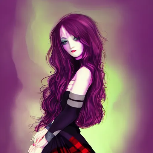 Prompt: full body art of a cute woman, long purple hair, black tanktop, red tartan skirt, black gloves, purple lipstick, digital art, fantasy art, 4k,