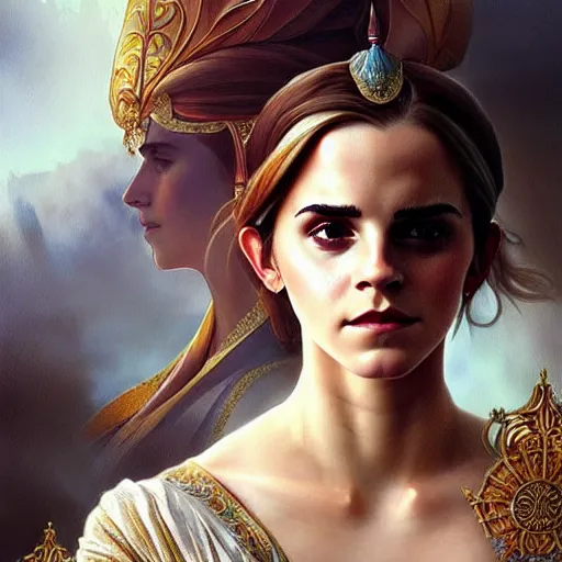 Image similar to emma watson portrait of ottoman sultan gog, female, clear face, symetrical, masculine, full body, muscular, fantasy, intricate, elegant, highly detailed, digital painting, artstation, concept art, matte, sharp focus, illustration, art by artgerm and greg rutkowski and alphonse mucha