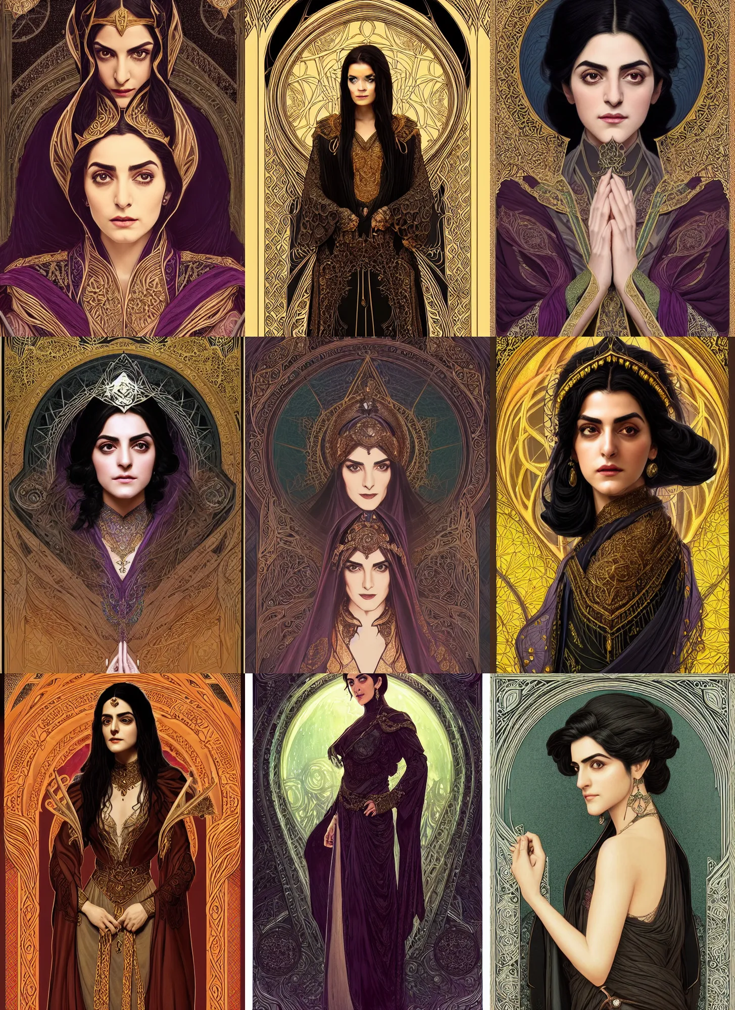 Prompt: centered portrait, Maya Ali as a D&D sorcerer, black hair, intricate robes, Art Nouveau, beautiful retro Fantasy heroine 1985, intricate, elegant, highly detailed, centered, digital painting, trending on artstation, concept art, smooth, sharp focus, illustration, art by raphael lacoste, eddie mendoza, Mucha, alex ross, WLOP