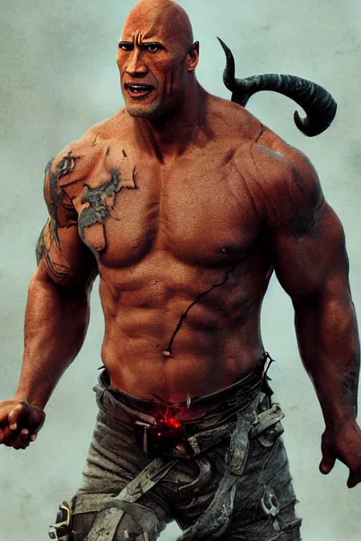 Prompt: Dwayne the Rock Johnson as the devil, horns and red eyes, post apocalyptic, high res render, octane cgsociety