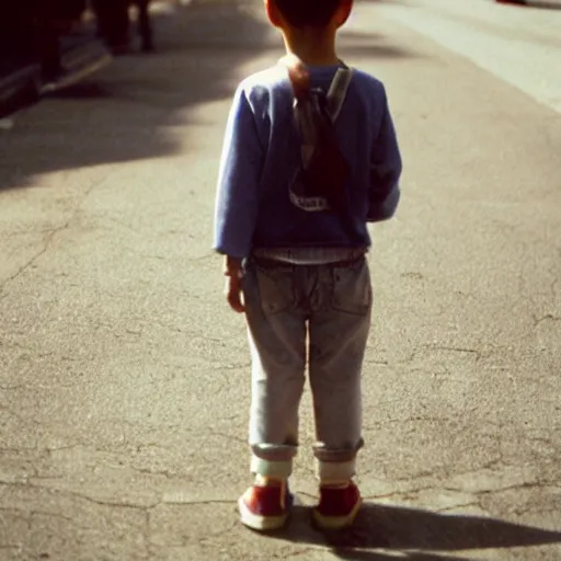 Prompt: portra 800 street photography a child standing in a street