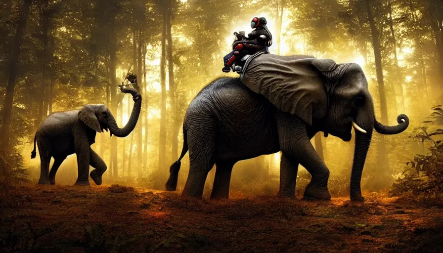 Prompt: american astronaut in the forest riding an elephant, objects well lit, plants environment, wide angle, cinematic lighting, atmospheric, realistic, octane render, highly detailed, color graded, in the style of craig mullins