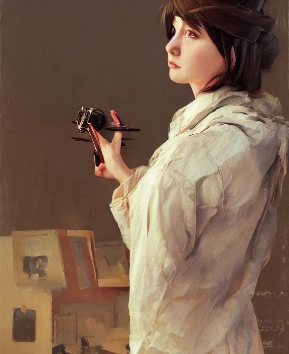 Prompt: an ultradetailed beautiful portrait painting of a girl as an antiquarian, side view, oil painting, high resolution, by ilya kuvshinov, greg rutkowski and makoto shinkai