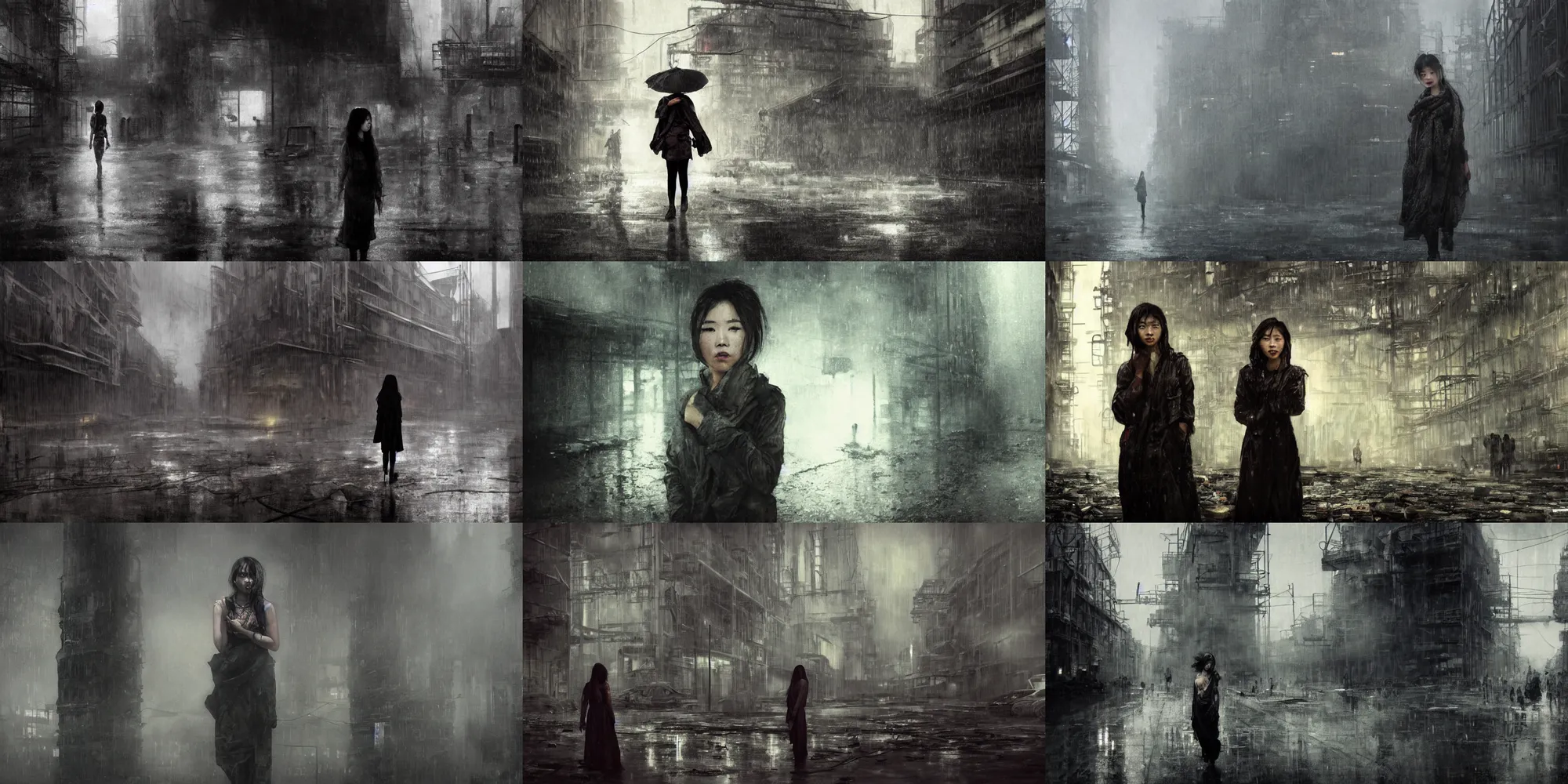 Prompt: an asian woman, beautiful face, in abandoned industrial city with towering factories, fire escapes, scaffolding, smokestacks at night in the rain, very dark moody lighting, innocent look, post - apocalyptic, desolate, by jeremy mann and alphonse mucha, dramatic lighting, ethereal, stunning, breathtaking, awe - inspiring award - winning, 8 k