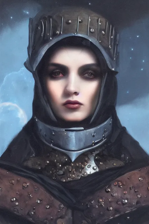 Image similar to hyperrealism oil painting, close - up portrait of european medieval brunette vampire fashion model, knight, steel gradient mixed with nebula sky, in style of baroque