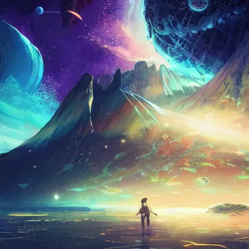 Image similar to concept art of an alien outer space galaxy, open expanse, stars, meteorites, floating debris, beautiful, fantasy, colorful, cinematic lighting, artstation, trending, highly detailed, focus, smooth, by studio ghibli, rossdraws, hirohiko araki, conrad roset, yoshitaka amano