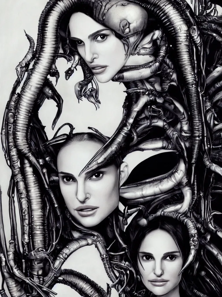 Image similar to a beautiful portrait of natalie portman with a xenomorph alien queen by h.r. giger, detailed, proportional, trending on art station, 4k